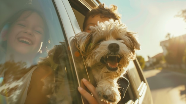 Criança alegre e cachorro fofinho desfrutando de um passeio de carro ao pôr do sol