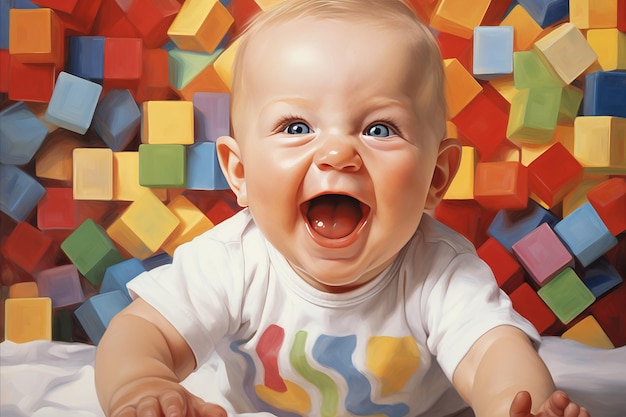 Criança alegre e feliz brincando com blocos de construção de cores vibrantes