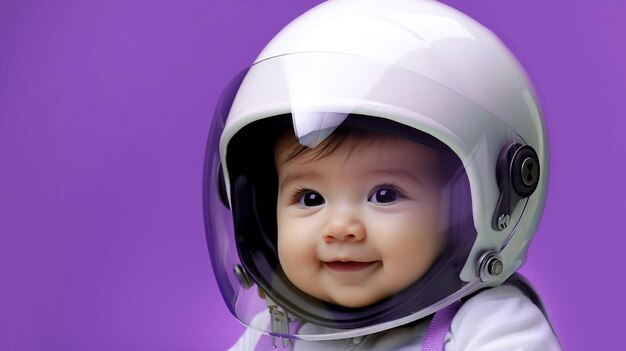 Foto criança alegre em um capacete em close-up em um fundo roxo