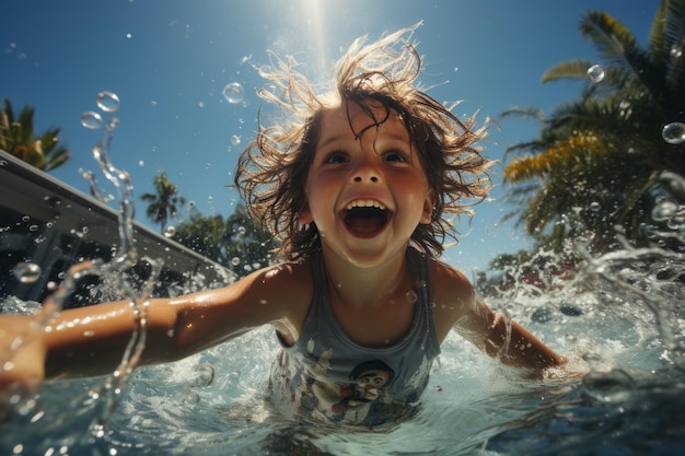 criança alegre espirrando na piscina IA generativa