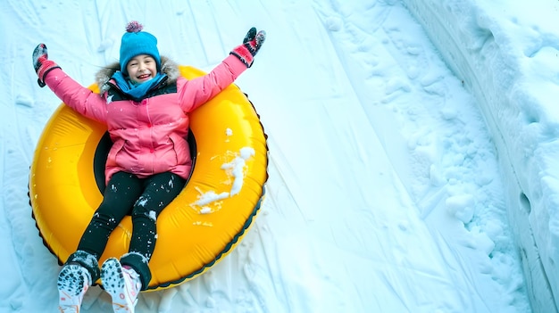 Criança alegre montando um tubo de neve amarelo em um dia de inverno Atividade ao ar livre divertida para crianças Momento de trenó feliz capturado pela IA