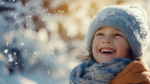 Foto criança alegre pega flocos de neve com a língua em close andando durante uma nevasca