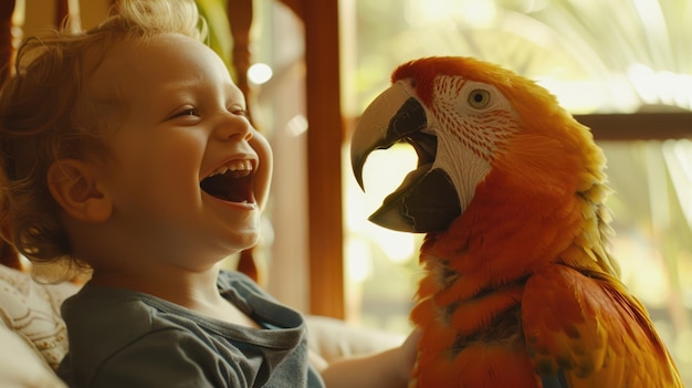 Foto criança alegre rindo com um papagaio colorido conceito de vínculo emocional e felicidade