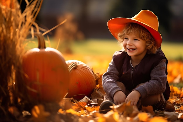 Criança alegre sentada com abóboras no fundo da floresta de outono em tempo ensolarado