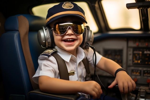 Criança alegre vestida de piloto de avião no cockpit de um avião