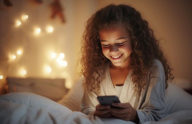 Criança Alfa de Nova Geração Usando Smartphone na Cama Criança Nativa Gen Alpha Digital Sozinha com Telefone