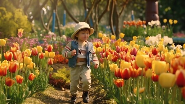 Criança andando perto de tulipas no canteiro de flores em um lindo dia de primavera