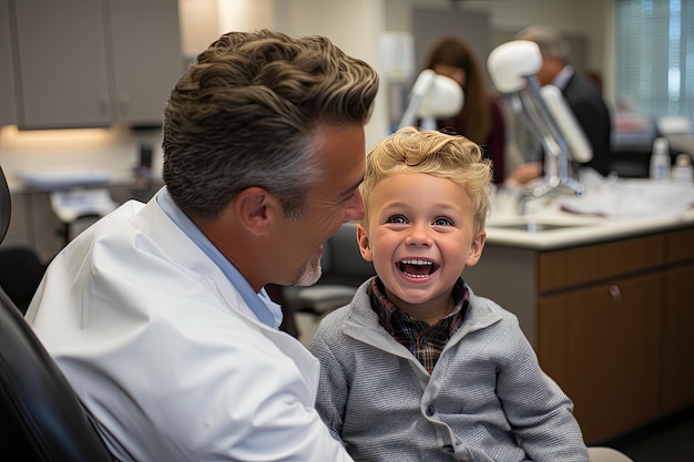 Criança ansiosa no dentista com IA geradora de equipamento odontológico