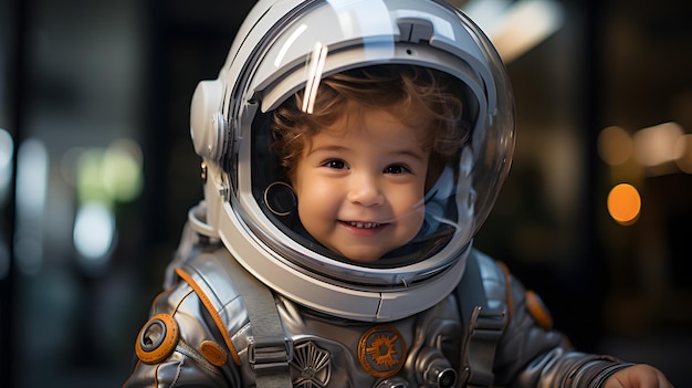 criança arafada em traje espacial sorrindo para a câmera IA generativa