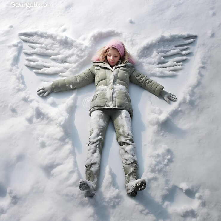 Foto criança arrafada deitada na neve com os braços estendidos e um chapéu rosa