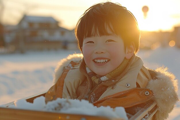 Criança asiática brincando na neve, sorrindo. Dia das crianças.