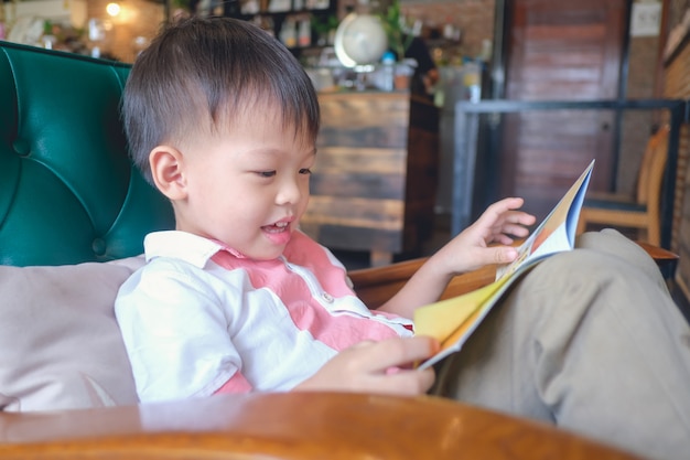 Criança asiática de 3 a 4 anos de idade, lendo um livro enquanto está sentado em uma poltrona em casa