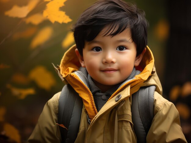 Criança asiática em pose emocional dinâmica em fundo de outono