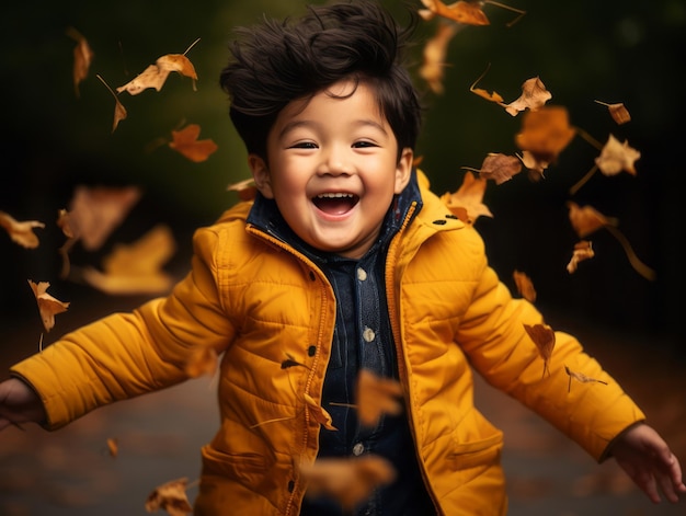 Criança asiática em pose emocional dinâmica em fundo de outono
