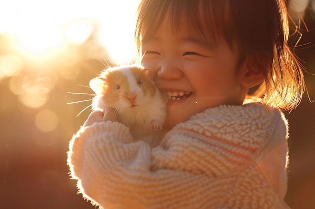 Criança asiática feliz abraçando um hamster ao pôr-do-sol no fundo