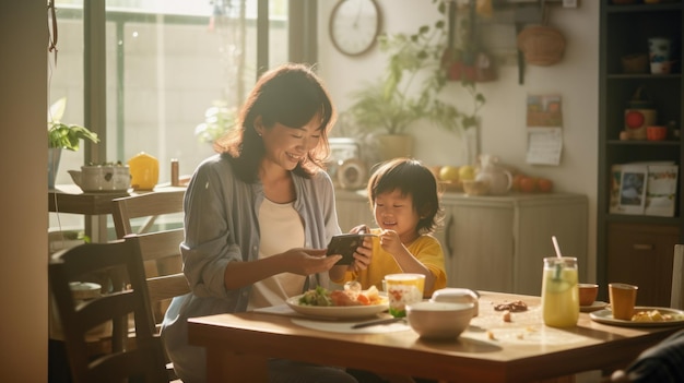 Criança asiática usa celular na sala de estar com a mãe e tomando café da manhã
