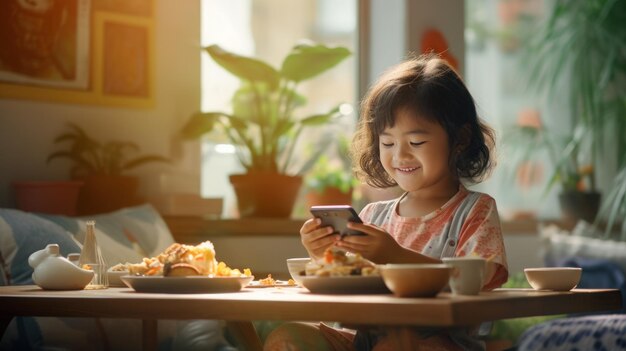 Criança asiática usa celular na sala de estar e toma café da manhã