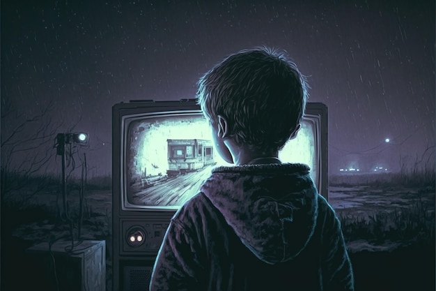 Criança assistindo brilho e faíscas saindo da televisão Cena noturna do menino assistindo uma televisão antiga que brilhando e faíscas voam pintura de ilustração de estilo de arte digital