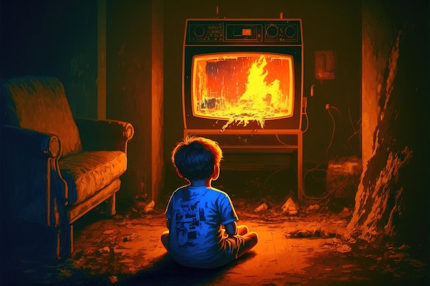 Criança assistindo brilho e faíscas saindo da televisão Cena noturna do menino assistindo uma televisão antiga que brilhando e faíscas voam pintura de ilustração de estilo de arte digital
