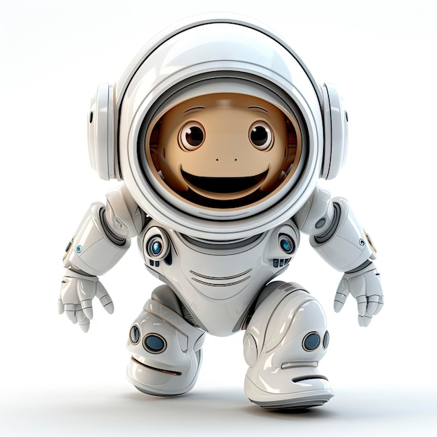 Criança-astronauta de desenho animado alegre Aventura cósmica adorável num fato espacial em miniatura com um sorriso radiante