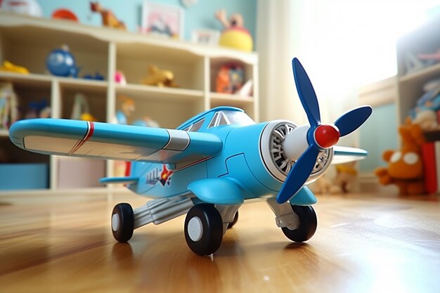 Foto criança avião de brinquedo de hélice azul girando em ambientes fechados uma atividade de brincadeira deliciosa