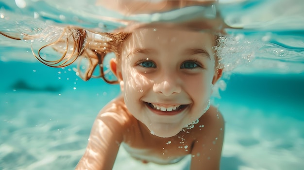 Criança bonita a nadar debaixo d'água no mar