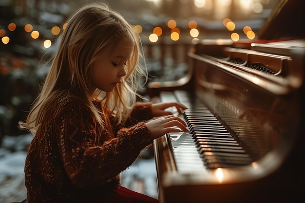 Criança bonita a praticar piano.