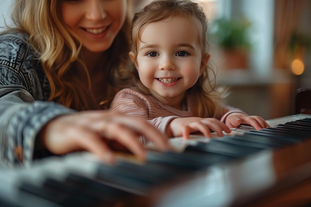 Criança bonita a praticar piano.