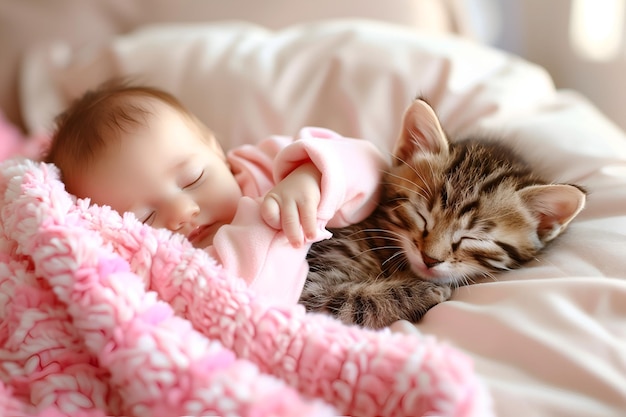 Criança bonita abraça um gatinho que dorme juntos