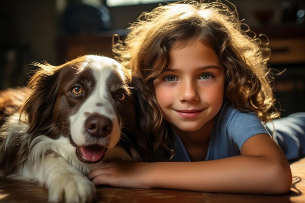 Criança bonita abraçando seu cão amizade criança e cão