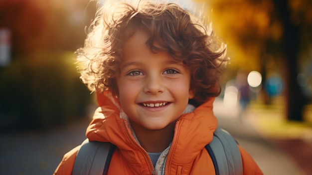 Criança bonita ao ar livre sorrindo olhando para a câmera alegre