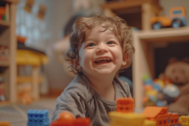 Criança bonita brincando com brinquedos gostando e rindo em seu quarto enquanto ele ri