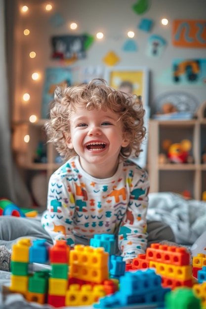 Criança bonita brincando com brinquedos gostando e rindo em seu quarto enquanto ele ri