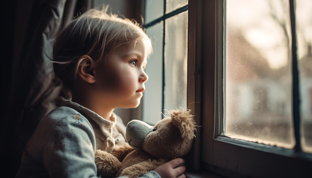 Foto criança bonita brincando com um ursinho de pelúcia olhando pela janela felizmente gerada pela ia