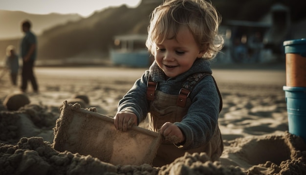 Criança bonita cavando areia aproveitando o dia quente de outono gerado pela IA