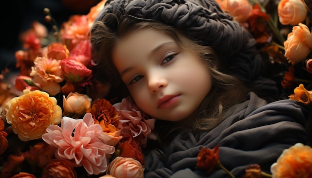 Criança bonita com cabelos encaracolados segurando um pequeno buquê de outono gerado por inteligência artificial