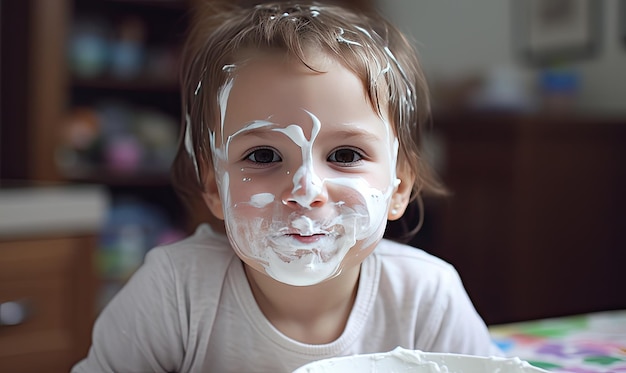 Criança bonita com um bigode de iogurte criando usando ferramentas de IA generativa