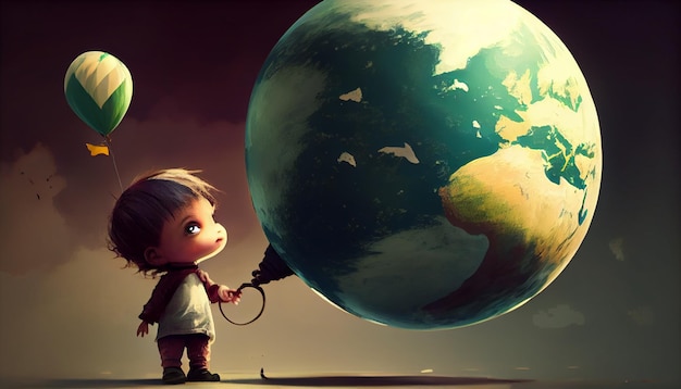 Criança bonita com um grande balão do planeta Terra Salve a Terra Salve o meio ambiente Salve o bebê Ai gerar