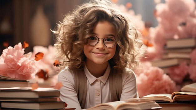 Criança bonita com uma pilha de livros em um quarto rosa