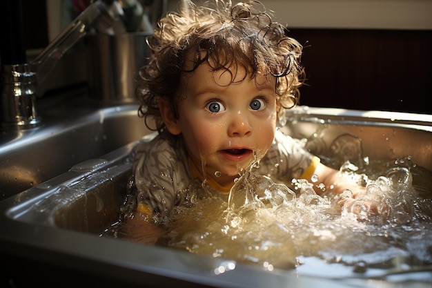 Foto criança bonita e feliz brincando com bolhas de sabão de água e espuma na pia da cozinha em casa