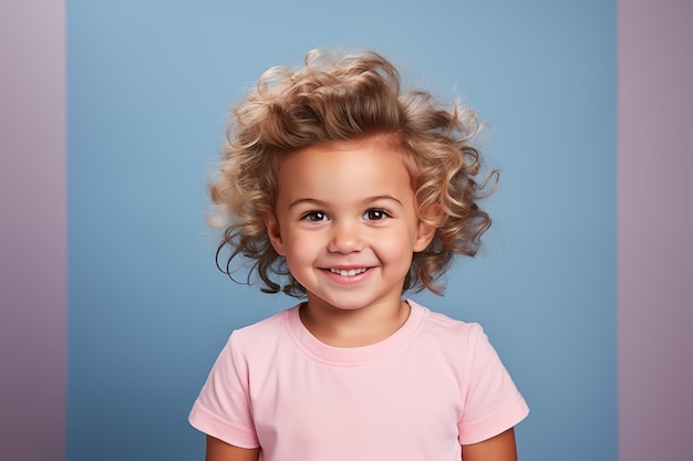 Criança bonita e sorridente com cabelo loiro encaracolado em camiseta rosa em fundo azul com espaço de cópia