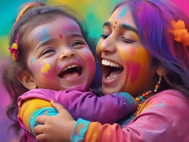 Criança bonita feliz com a mãe no feriado de Holi belo retrato de família durante o feriado feliz de Holi