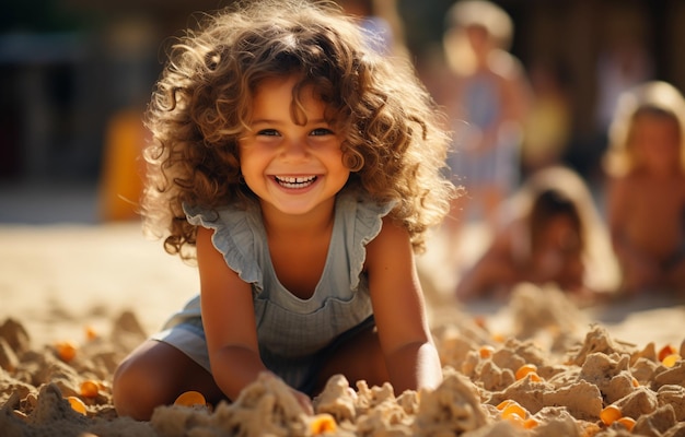 Criança bonita no playground brincando na areia