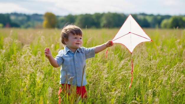 Criança bonita num campo de verão com uma cometa