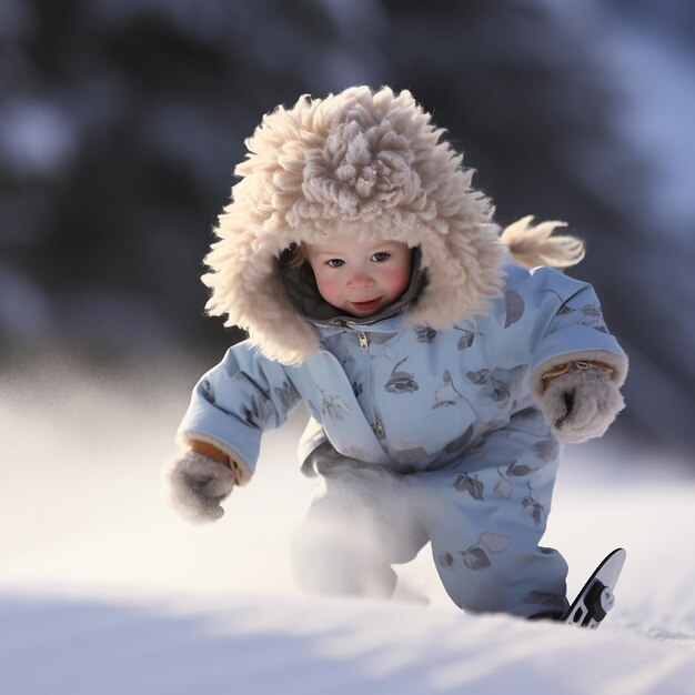 Criança bonita renderizada em 3D vestindo traje completo snowboarding pela encosta