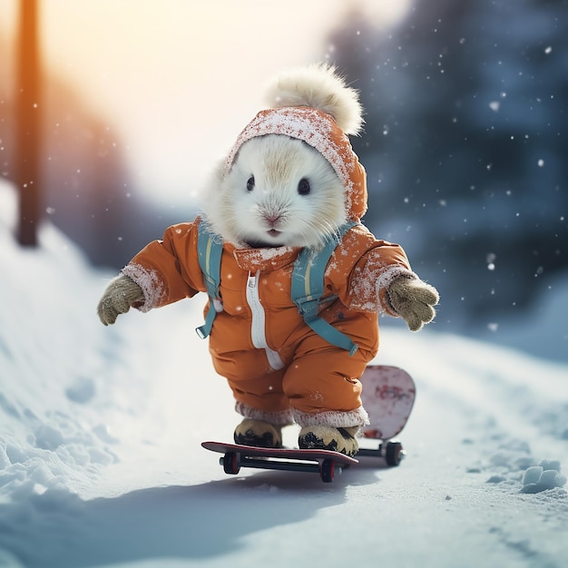 Criança bonita renderizada em 3D vestindo traje completo snowboarding pela encosta