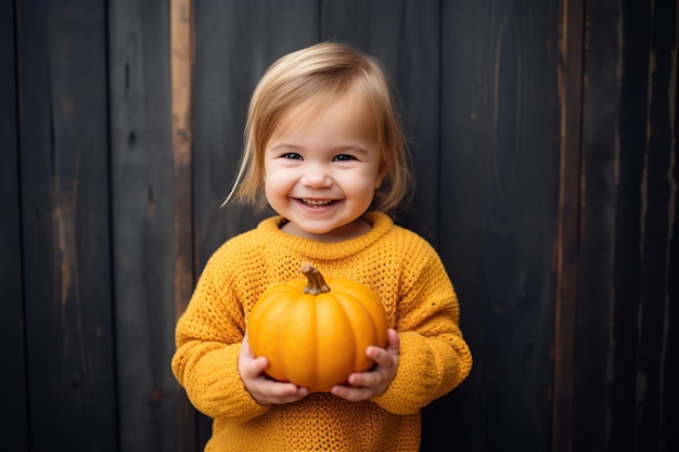 Criança bonita vestindo suéter amarelo e segurando abóbora laranja nas mãos