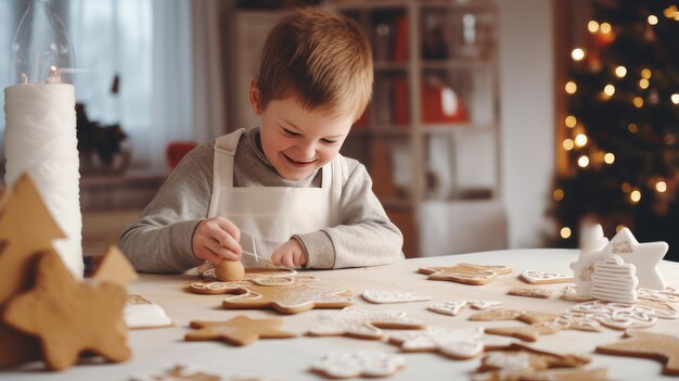 Criança branca sorridente com síndrome de Down decora biscoitos de Natal Feliz Natal e Feliz