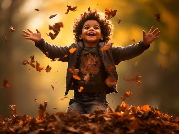 Criança brasileira em pose dinâmica emocional lúdica no fundo do outono
