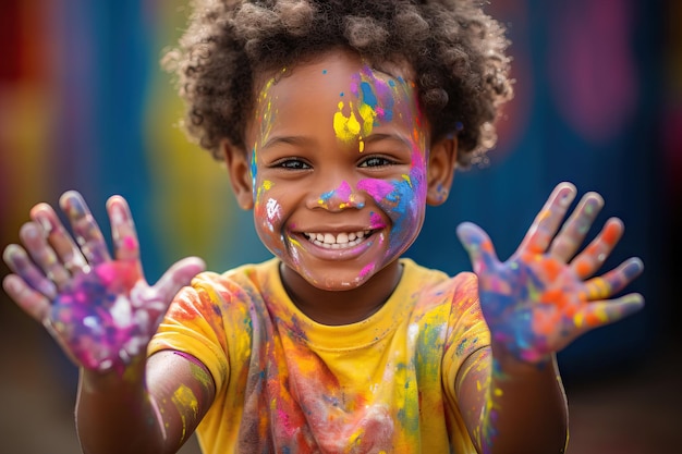 Criança brincalhona afro-americana com as mãos sujas com muitas cores